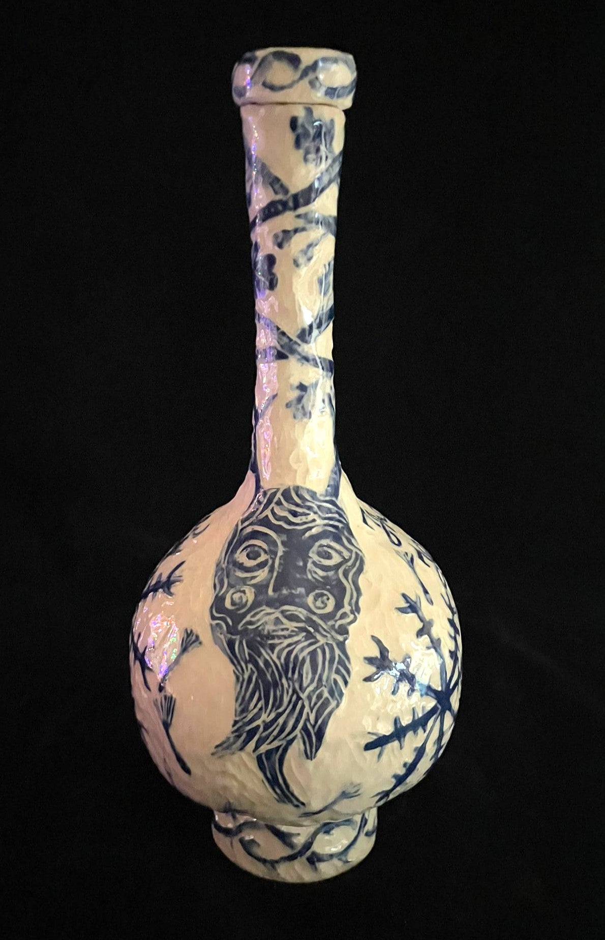 Blue and White Sgraffito Witch Bottle/Decanter