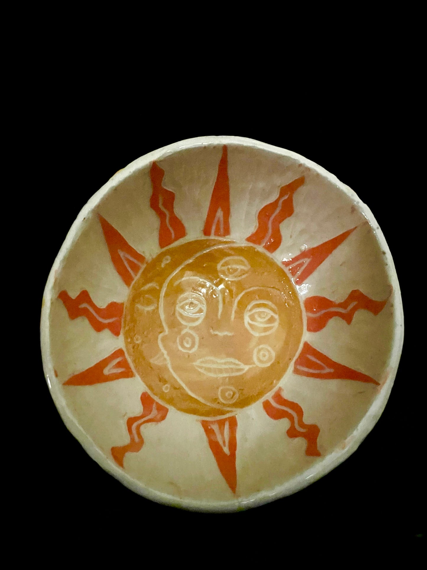 Small Sgraffito Sun and Moon Folk art Bowl